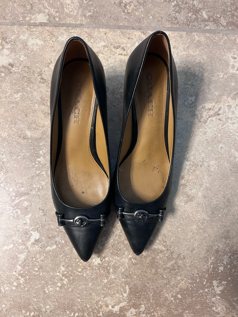 Coach Black Leather Pointed-Toe Flats with Signature Bit Hardware